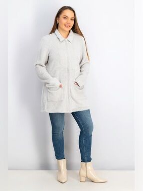 Women Jemie Textured Full Zip Sweater, Light Grey XL